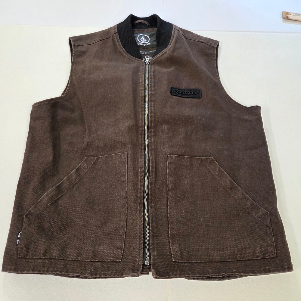 Volcom Mens Brown Canvas Workwear Vest Water Resistant Size Large Full Zip